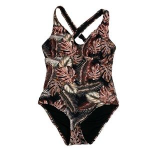 Hurley one piece bathing suit UPF 50 scattered palm v-neck size medium